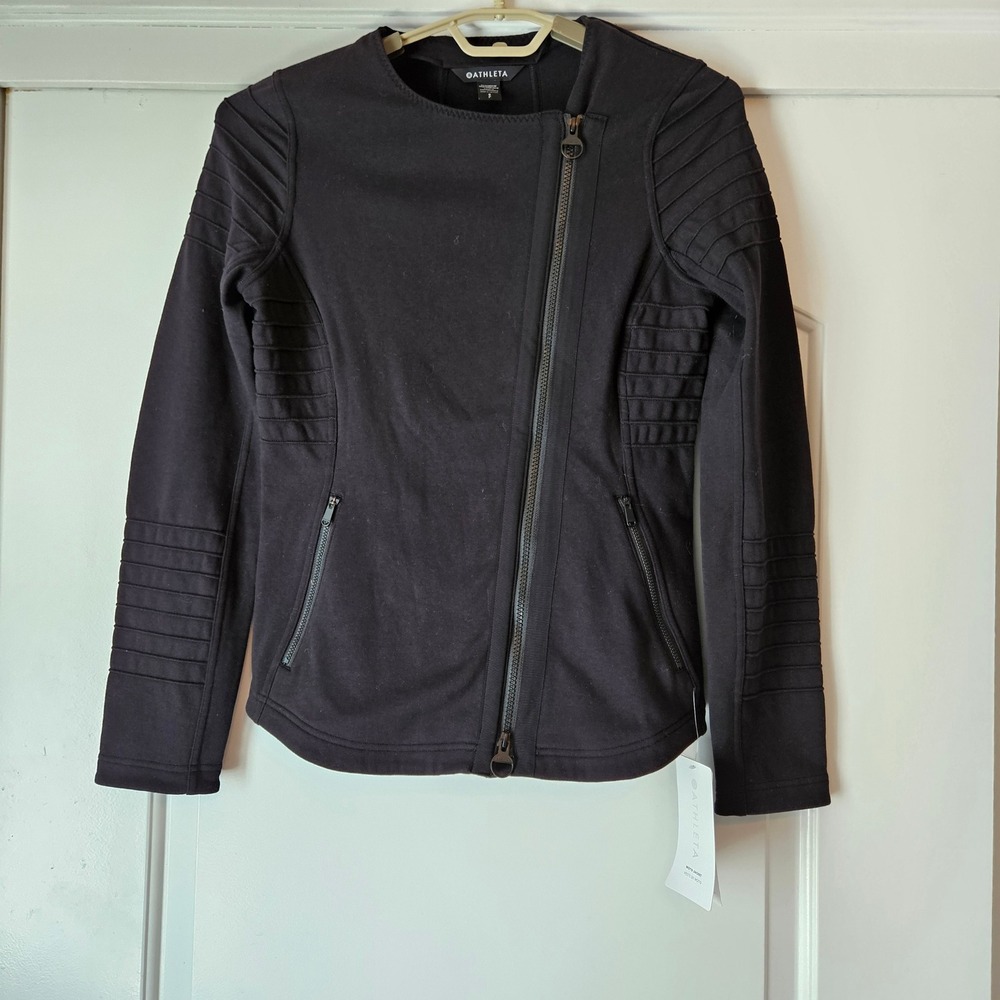 NEW‎ Athleta Womens Moto Jacket Size Small Black Organic Cotton Asymmetric Biker